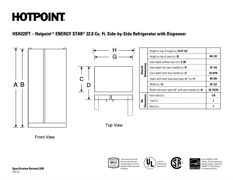 Page 1 de la notice Fiche technique Hotpoint HSH22IFTWW