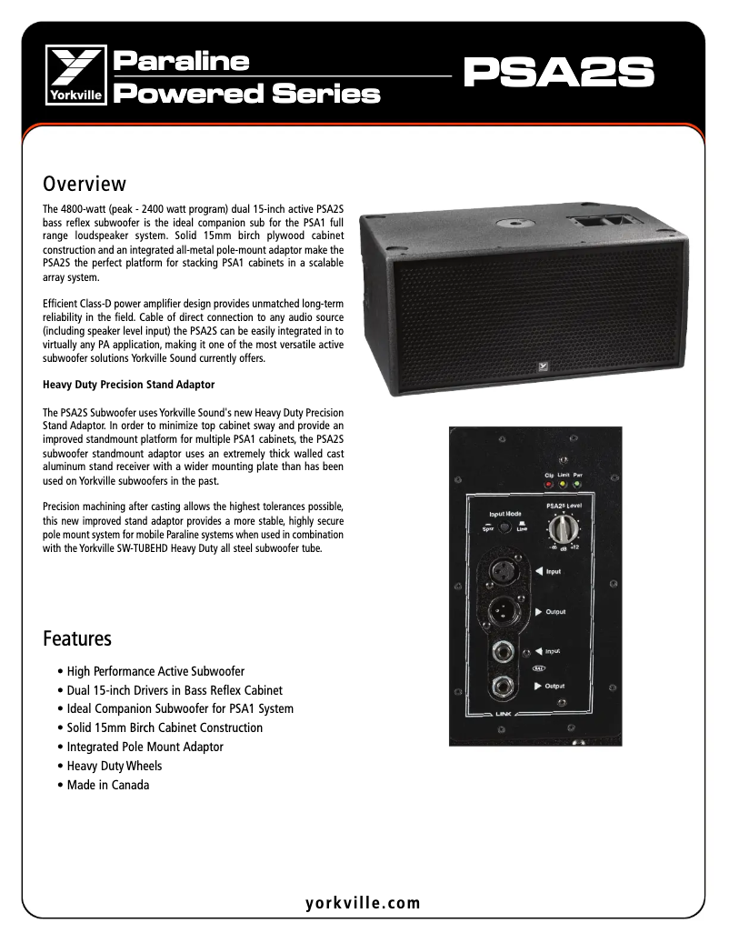 Página 1 del manual Ficha técnica Yorkville Paraline PSA2S