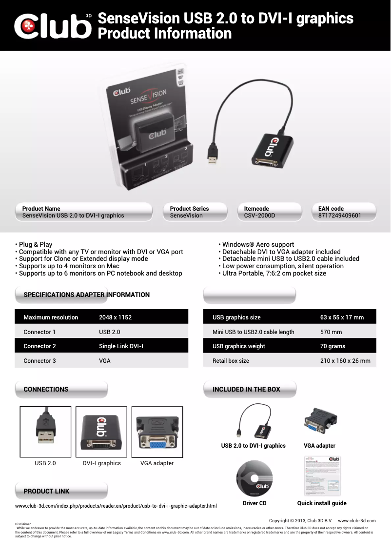 Page 1 de la notice Manuel utilisateur CLUB3D SenseVision USB2.0 to DVI-I Graphics Adapter