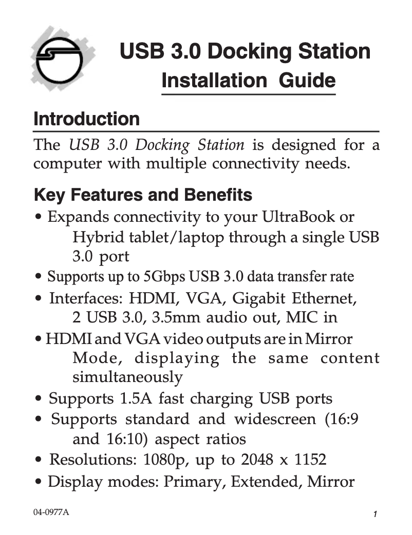 Page n°1 - Manuel utilisateur Siig JU-DK0311-S1
