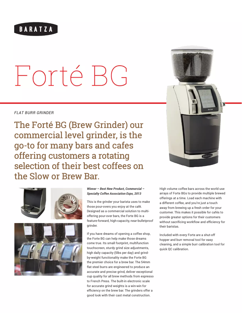 Page 1 de la notice Fiche technique Baratza Forte