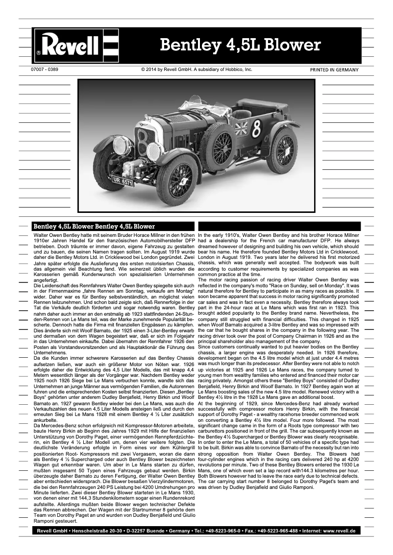 Page 1 de la notice Manuel utilisateur Revell Bentley 4,5L Blower
