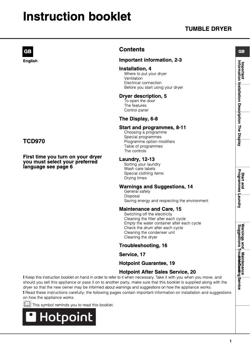Page n°1 - Manuel utilisateur Hotpoint TCD970G