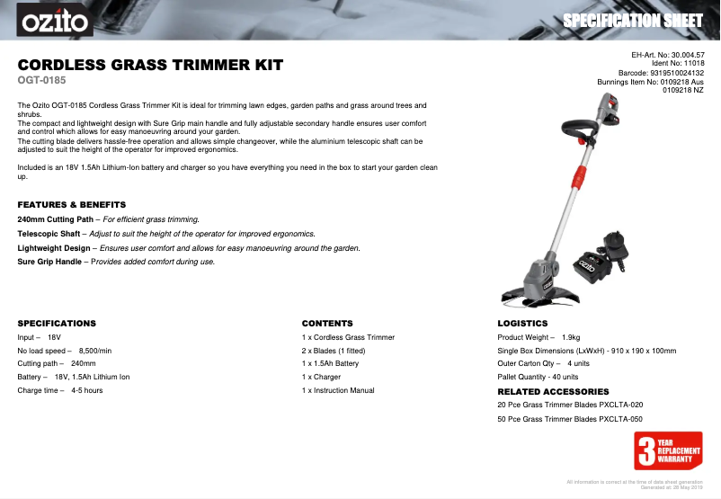 Page n°1 - Fiche technique Ozito OGT-0185