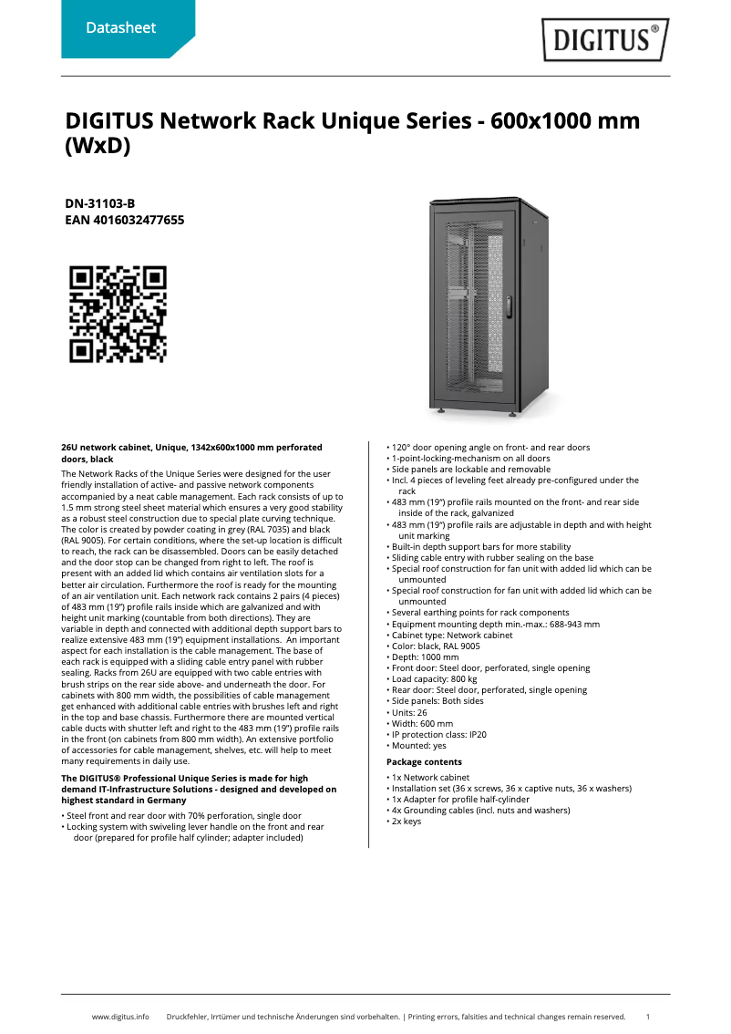 Page 1 de la notice Fiche technique Digitus DN-31103-B