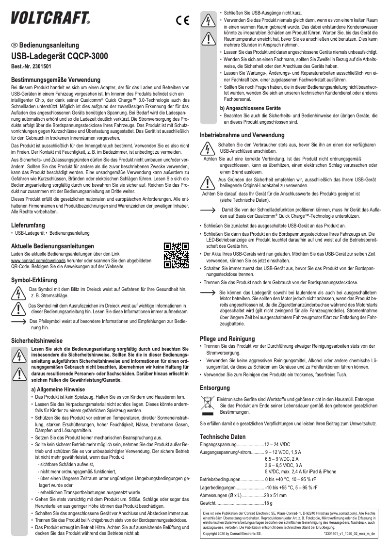 Page 1 de la notice Manuel utilisateur Voltcraft CQCP-3000