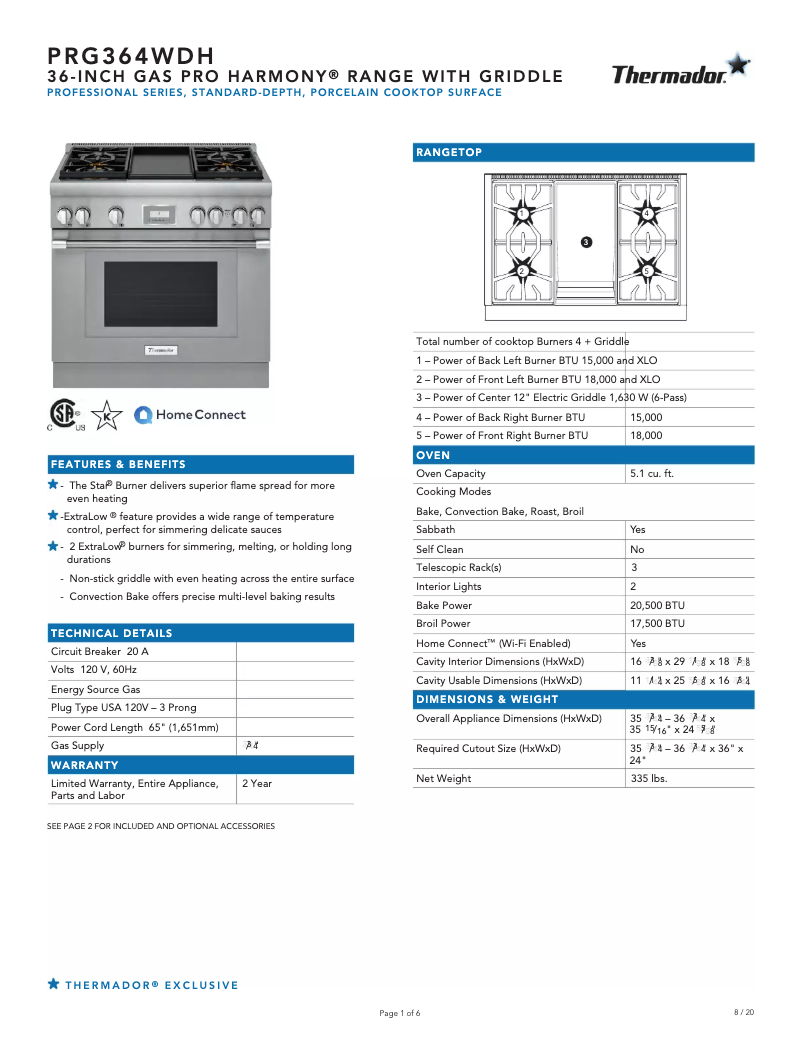 Page 1 de la notice Fiche technique Thermador PRG364WDH