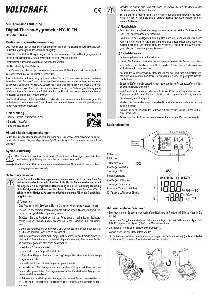 Page 1 de la notice Manuel utilisateur Voltcraft HY-10 TH
