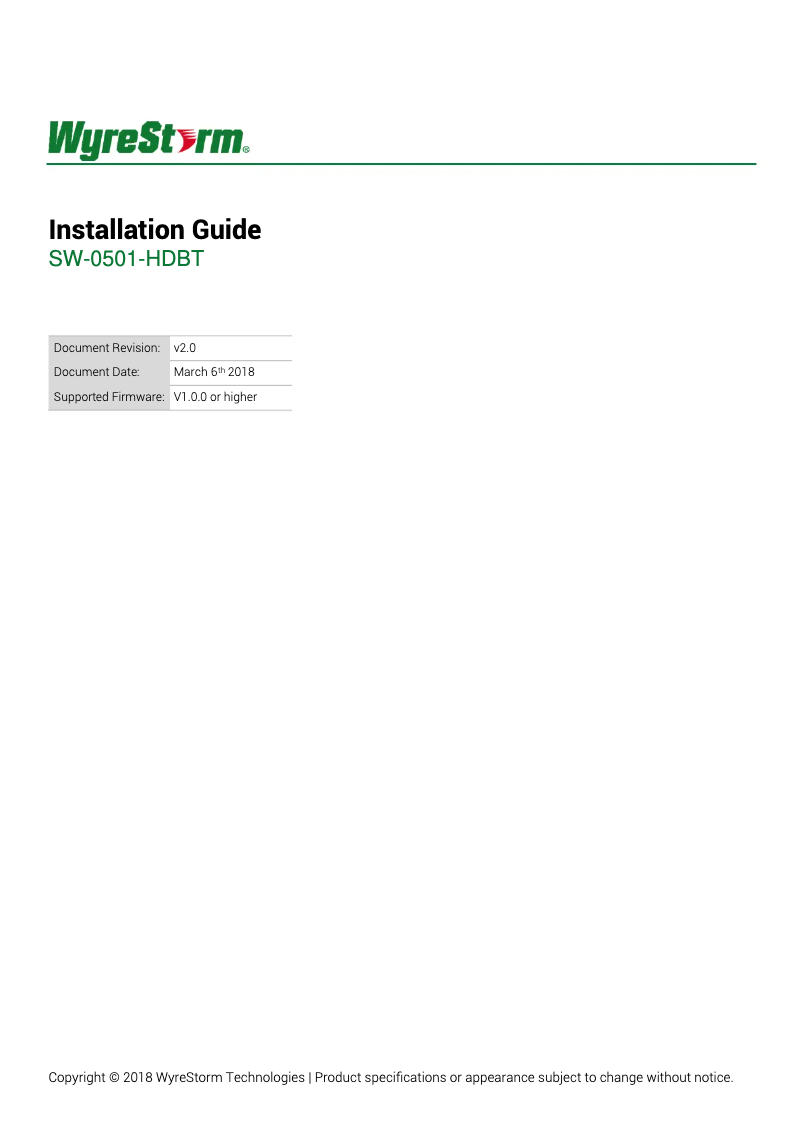 Page 1 de la notice Manuel utilisateur WyreStorm SW-0501-HDBT
