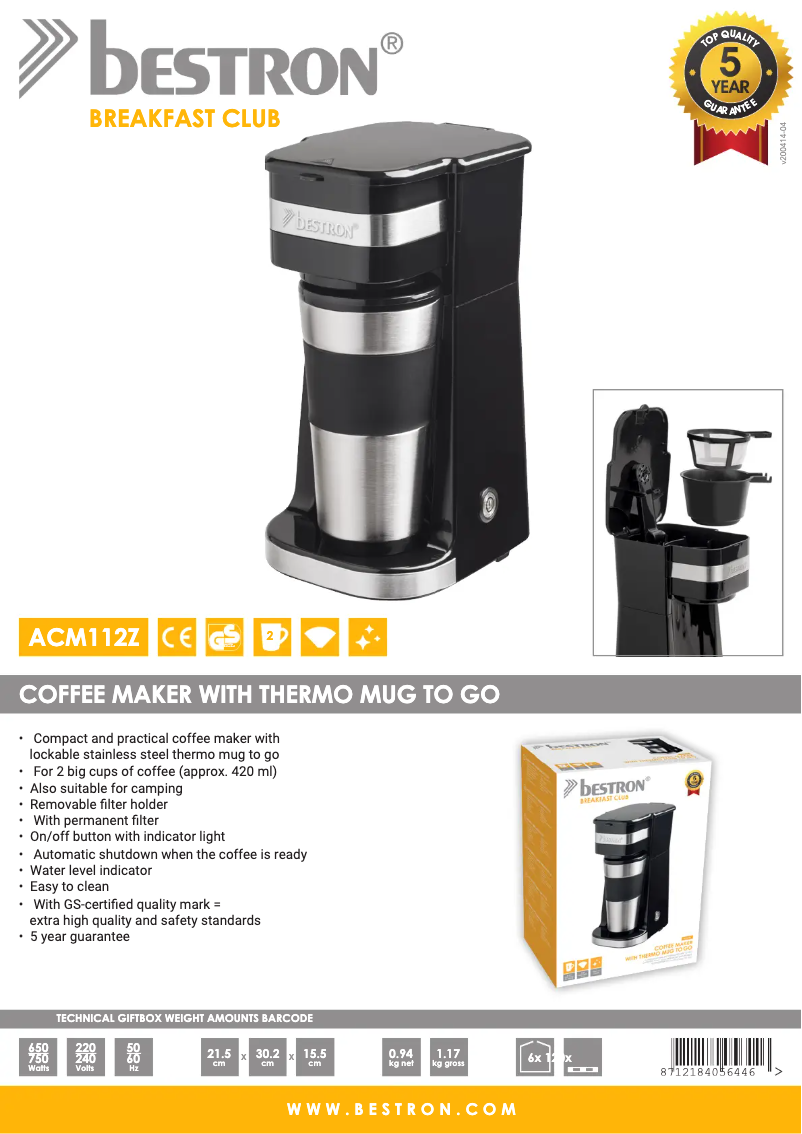 Page 1 de la notice Fiche technique Bestron ACM112Z