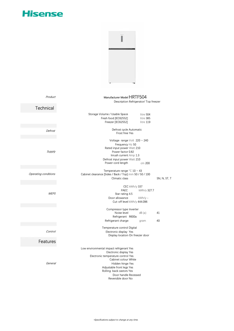 Page 1 de la notice Fiche technique Hisense HRTF504
