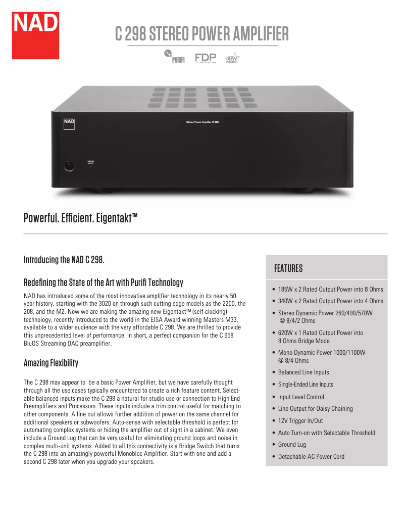 Page 1 de la notice Fiche technique NAD C298
