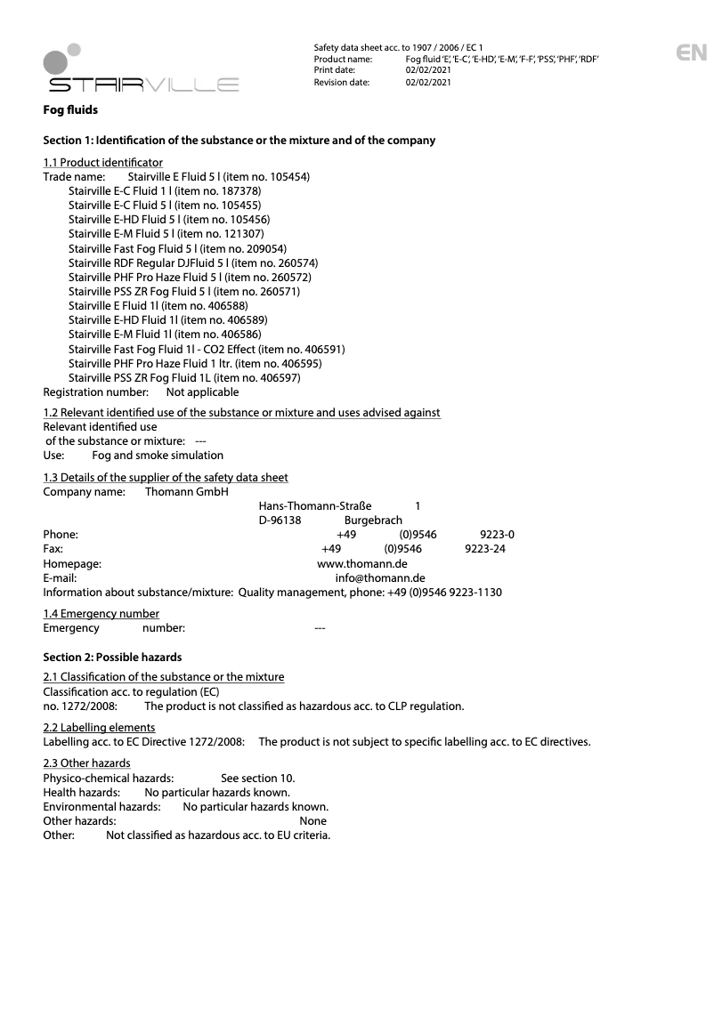 Page 1 de la notice Manuel utilisateur Stairville Fast Fog Fluid 1l - CO2 Effect