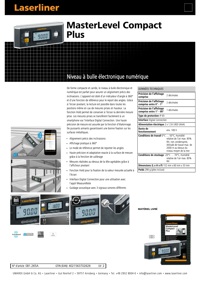 Page 1 de la notice Fiche technique Laserliner MasterLevel Compact Plus