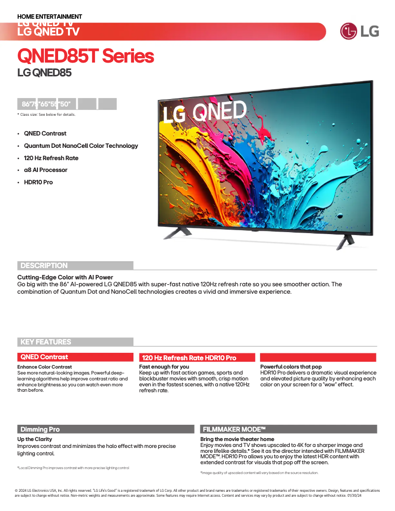 Page n°1 - Fiche technique LG 86QNED85TUA