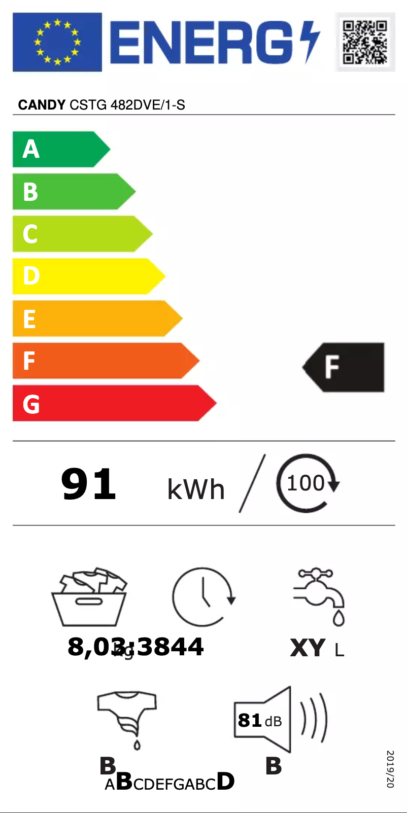 Page 1 de la notice Label énergétique Candy CSTG 482DVE/1-S