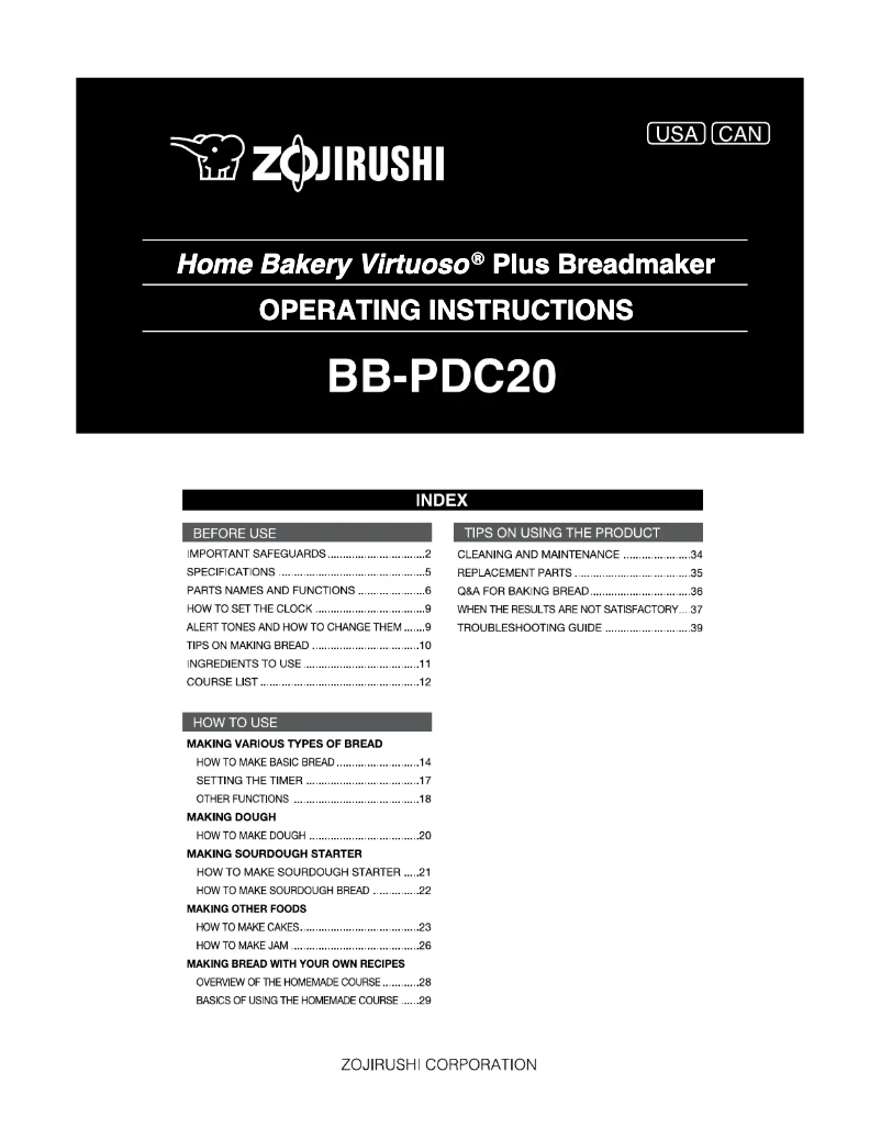 Page 1 of the manual User Manual Zojirushi Home Bakery Virtuoso Plus BB-PDC20