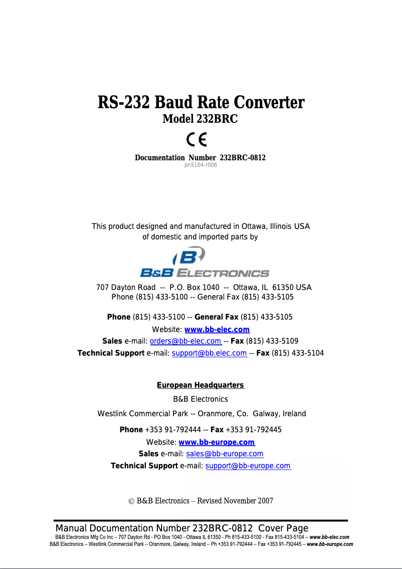 Page n°1 - Manuel utilisateur B&B Electronics 232BRC