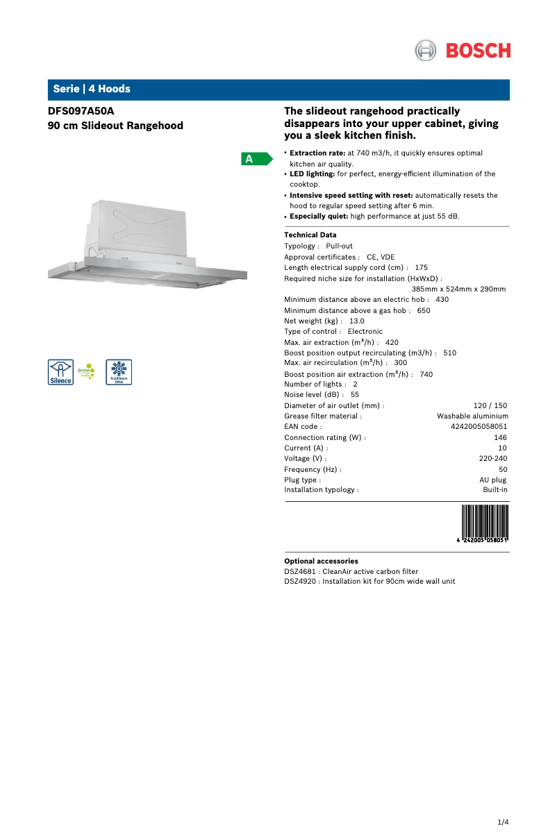 Page 1 de la notice Fiche technique Bosch DFS097A50A