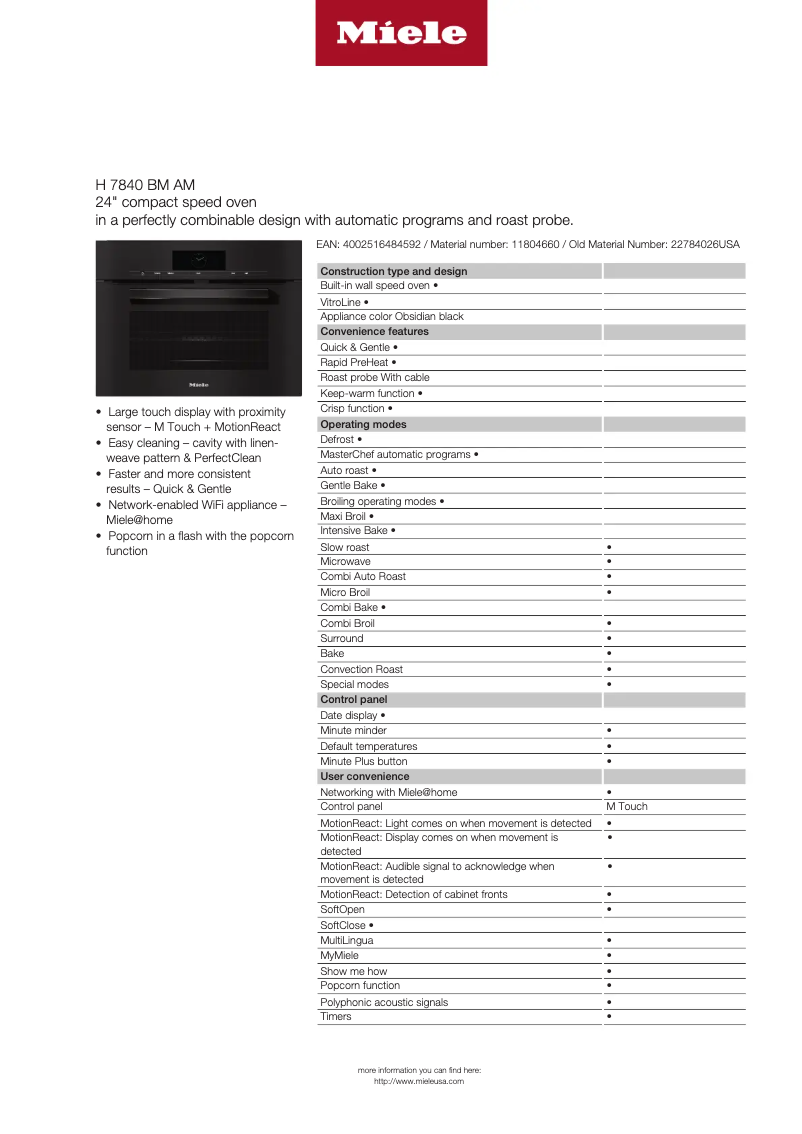 Page 1 de la notice Fiche technique Miele H 7840 BM AM