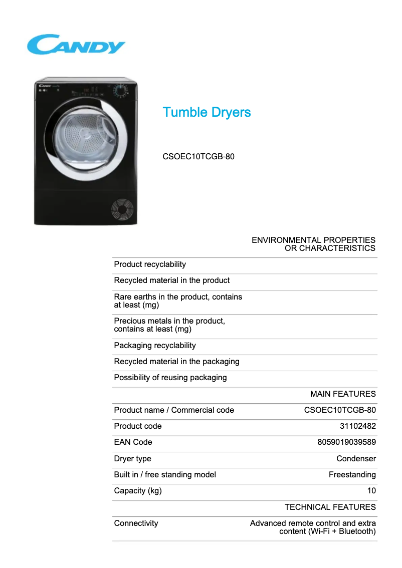 Page 1 de la notice Fiche technique Candy CSOEC10TCGB-80