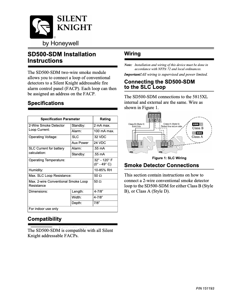Page n°1 - Manuel utilisateur Silent Knight SD500-SDM