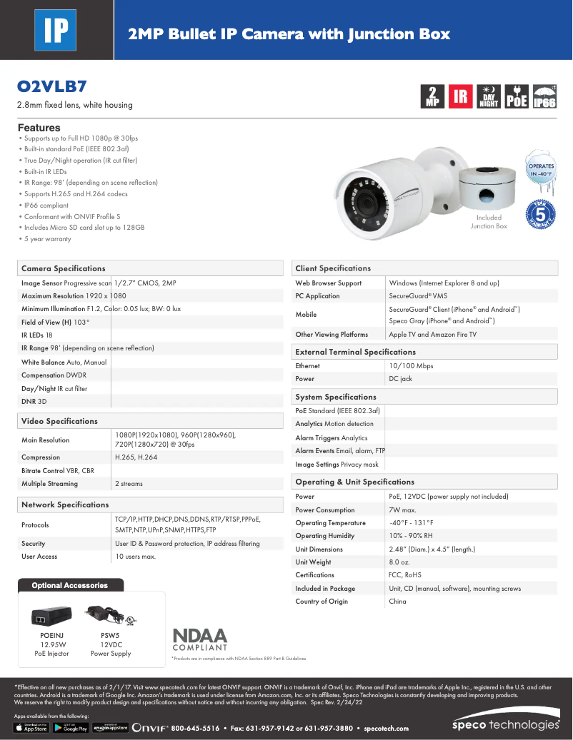 Page 1 of the manual Technical Sheet Speco Technologies O2VLB7