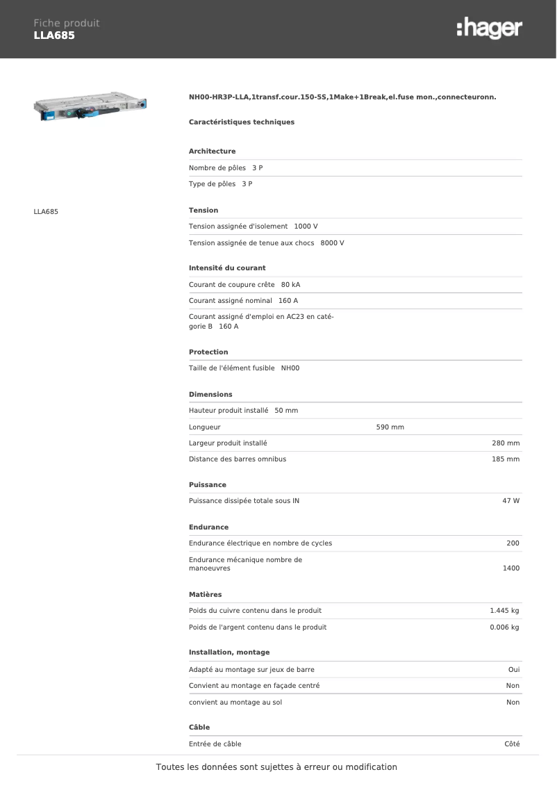 Page 1 de la notice Fiche technique Hager LLA685