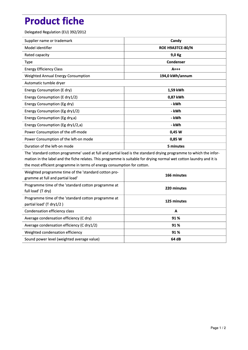 Image de la première page du manuel de l'appareil ROE H9A3TCE-80/N