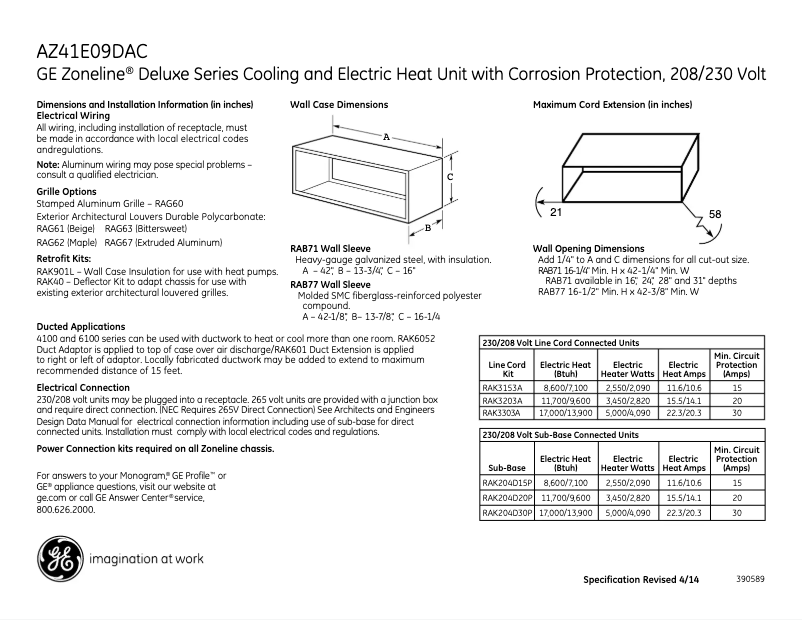 Page n°1 - Fiche technique GE AZ41E09DAC Zoneline