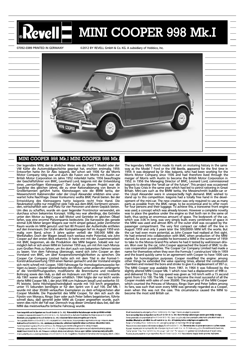 Image de la première page du manuel de l'appareil MINI COOPER 998 Mk.I