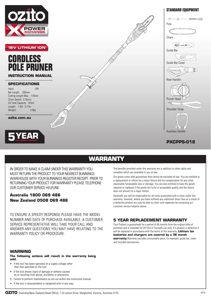 Page 1 de la notice Manuel utilisateur Ozito PXPPHTK-258