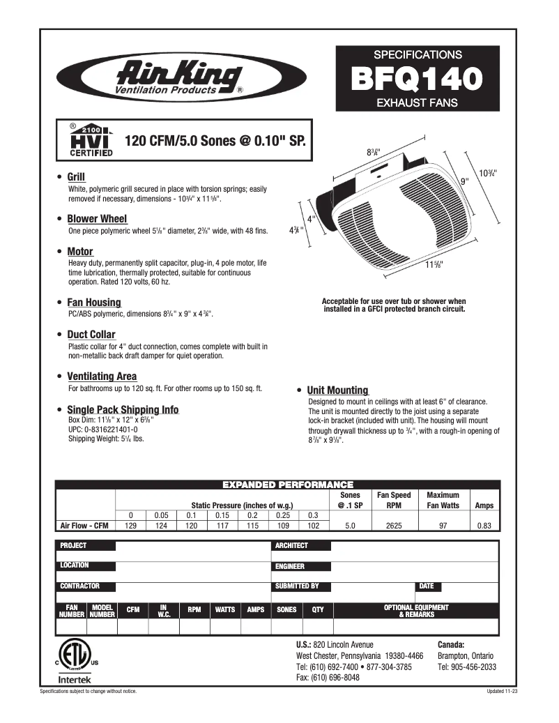 Page 1 de la notice Fiche technique Air King BFQ140