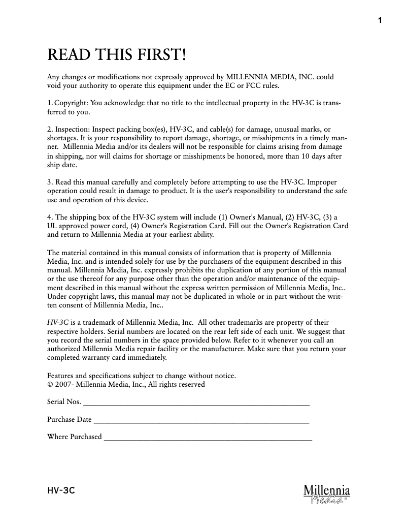 Page n°1 - Manuel utilisateur Millennia HV-3C