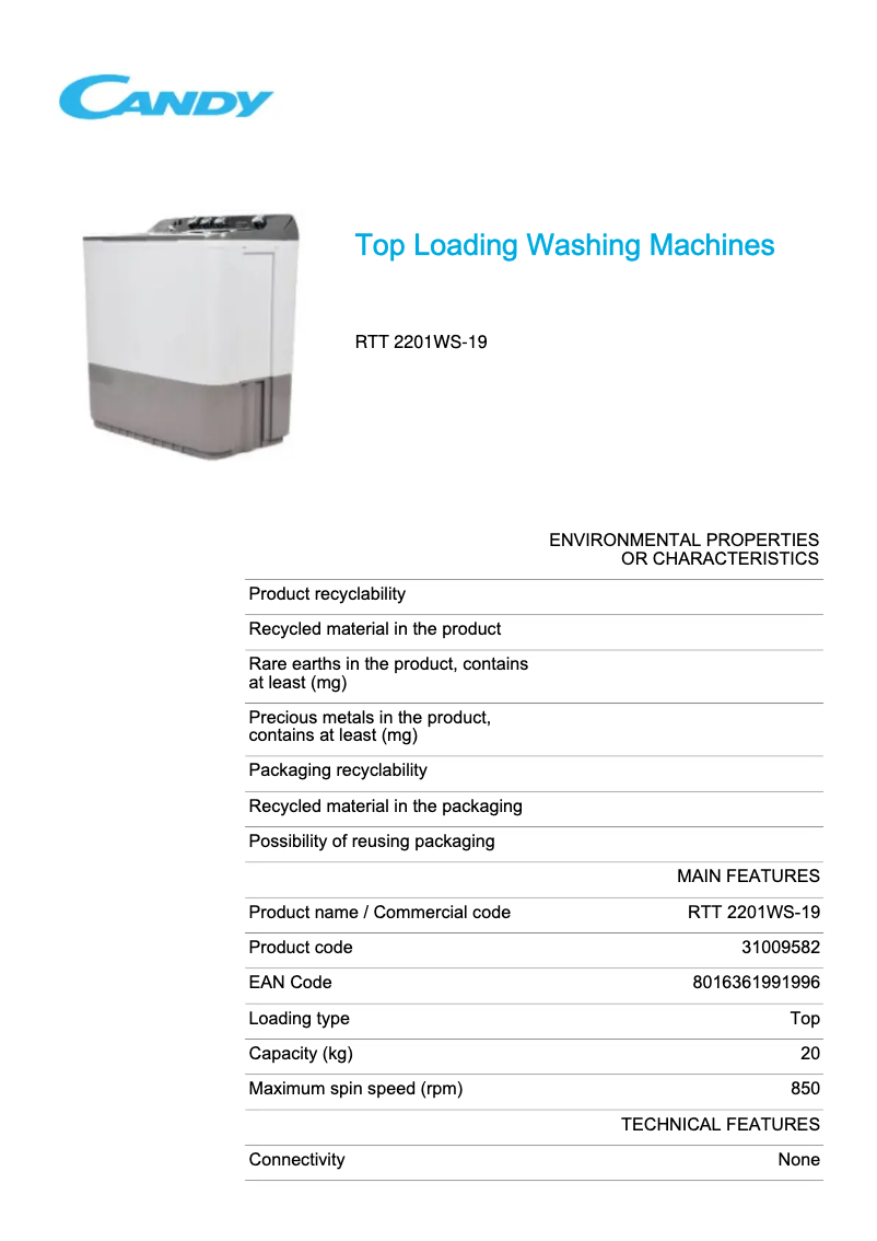 Page 1 de la notice Fiche technique Candy RTT 2201WS-19