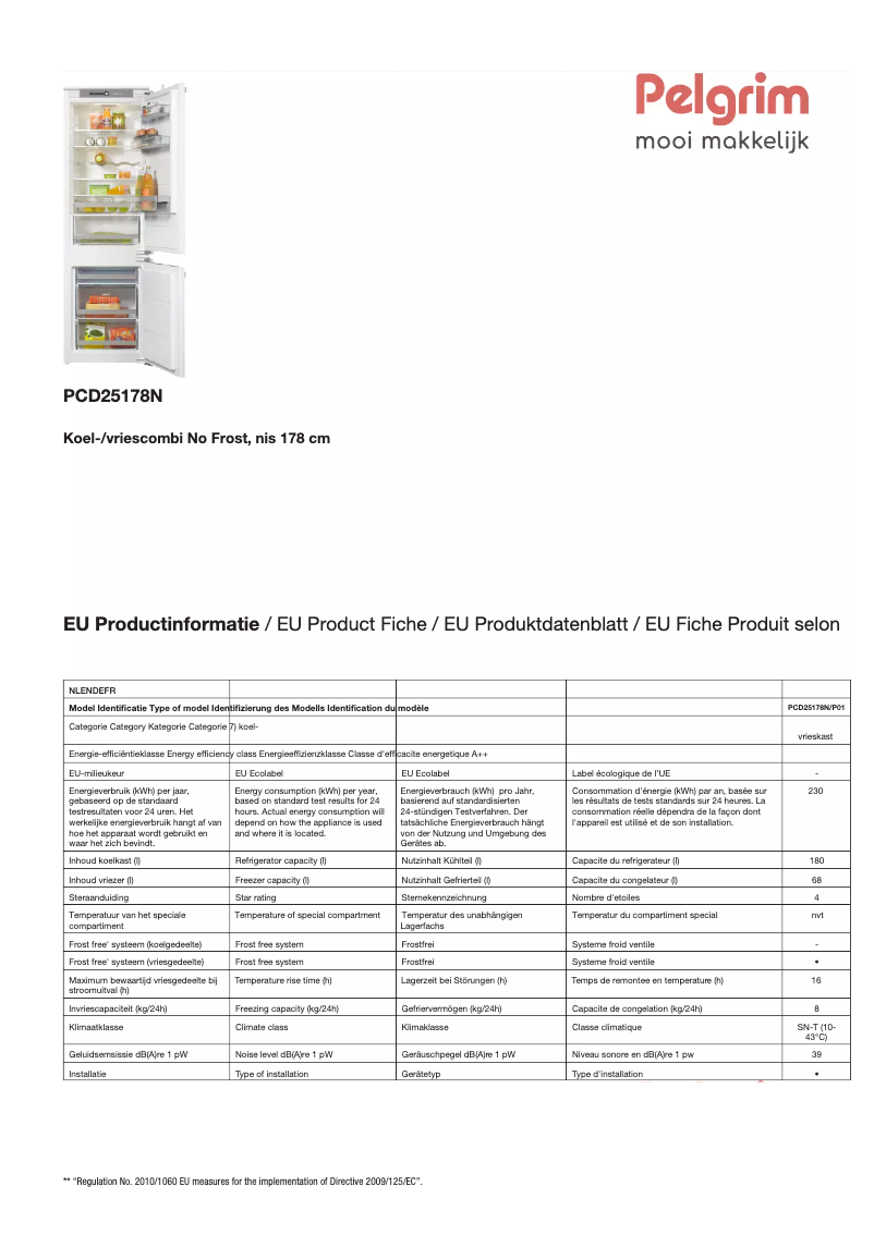 Page 1 de la notice Fiche technique Pelgrim PCD25178N