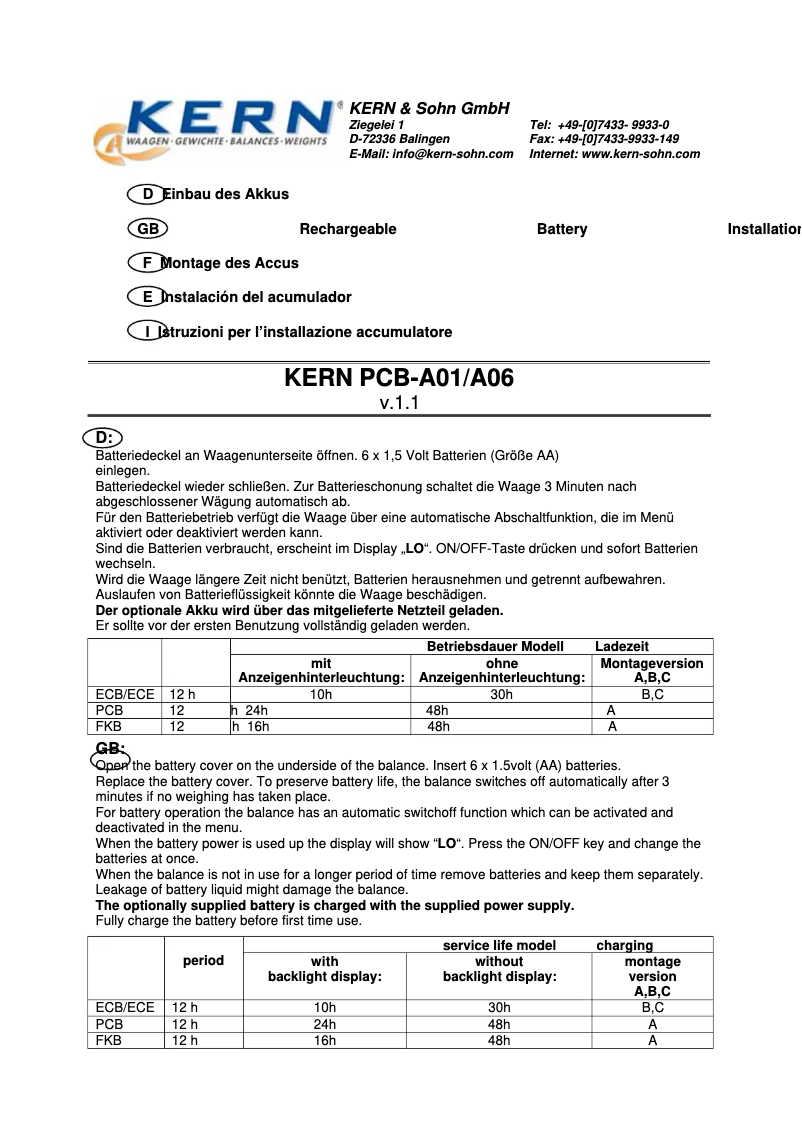 Page 1 de la notice Manuel utilisateur Kern PCB-A01