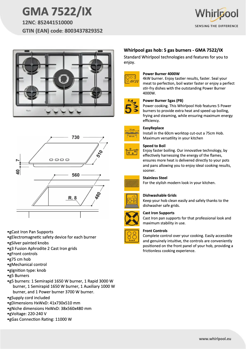 Page 1 de la notice Fiche technique Whirlpool GMA 7522/IX