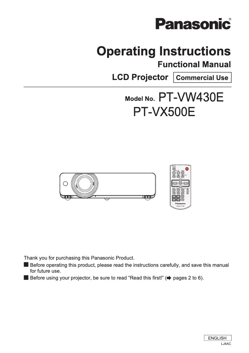 Image de la première page du manuel de l'appareil PT-VX500E