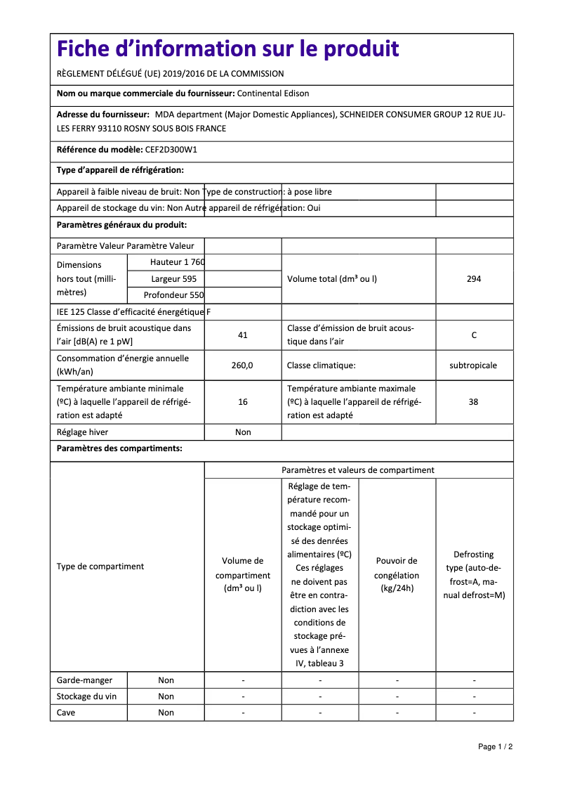 Page n°1 - Manuel utilisateur Continental Edison CEF2D300W1