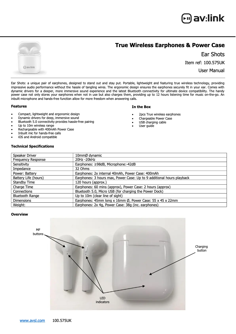 Page 1 de la notice Manuel utilisateur AV:link Ear Shots
