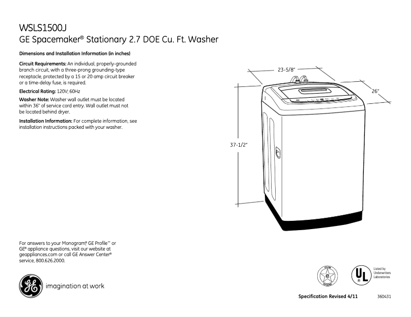 First page image of the manual for WSLS1500JWW