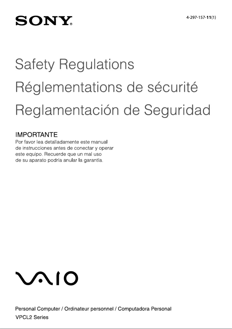 Image de la première page du manuel de l'appareil Vaio VPCL235FX