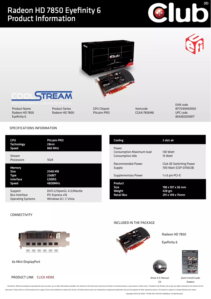 Page 1 de la notice Manuel utilisateur CLUB3D Radeon HD 7850 Eyefinity 6