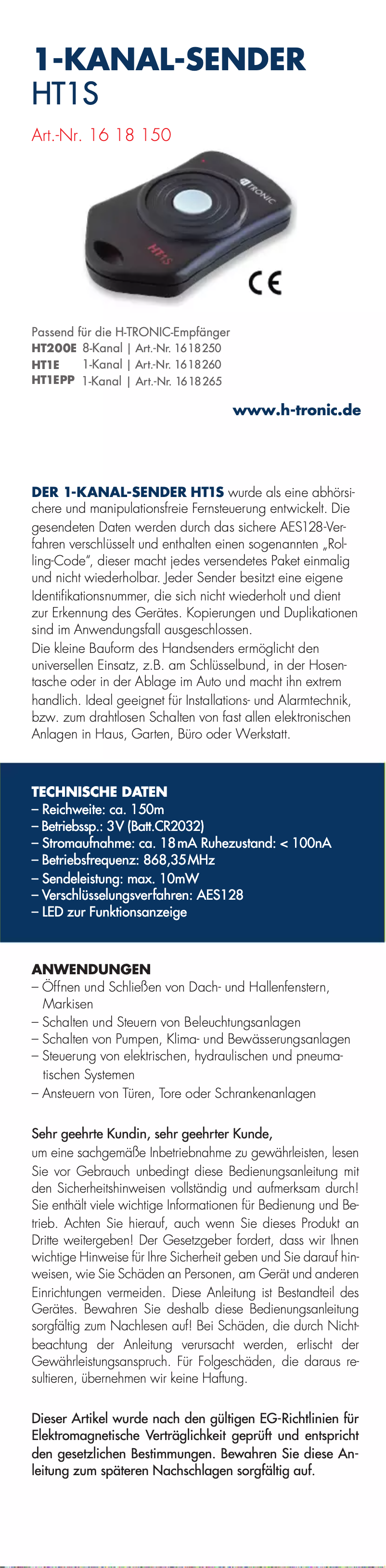 Page n°1 - Manuel utilisateur H-Tronic HT1S