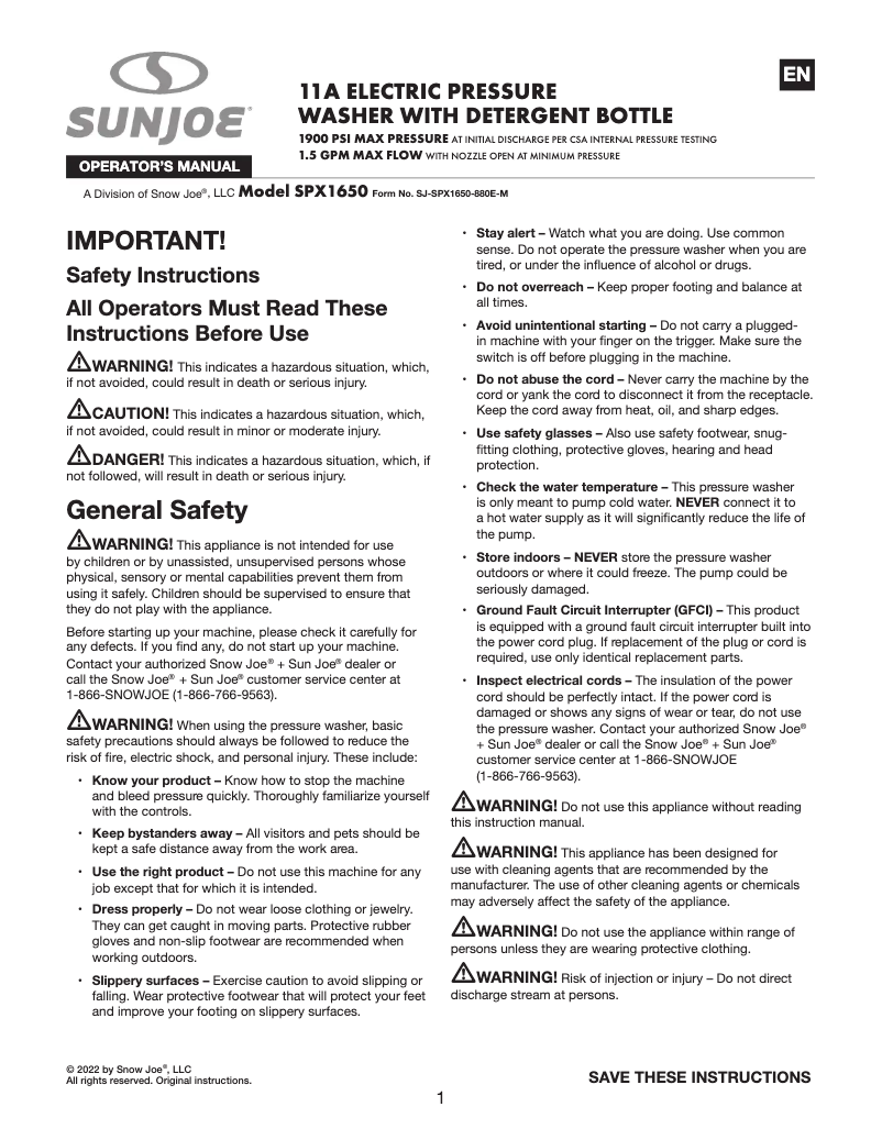 Página 1 del manual Manual de usuario Sun Joe SPX1650
