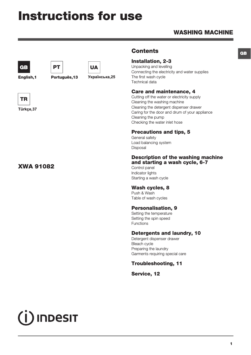Page 1 de la notice Manuel utilisateur Indesit XWA 91082