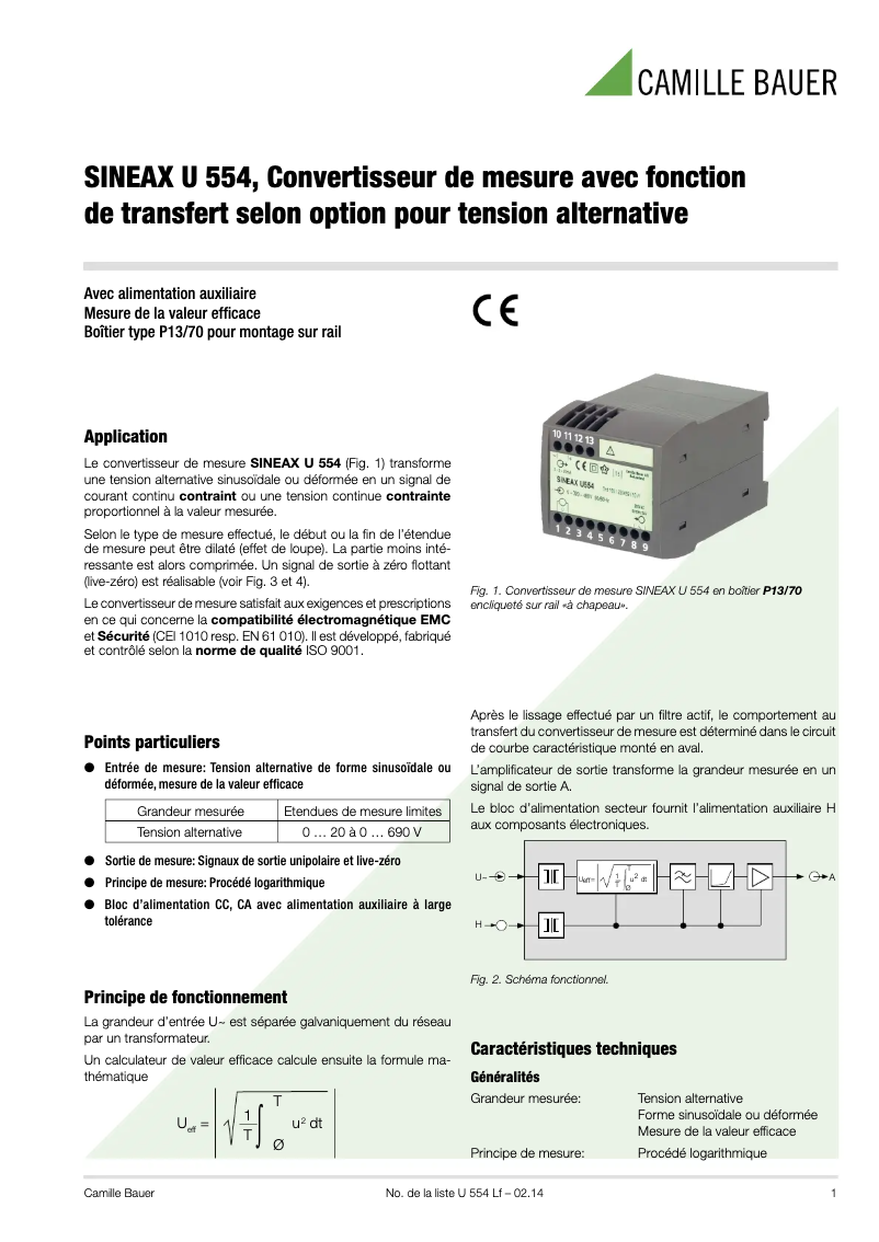 Page 1 de la notice Fiche technique Camille Bauer SINEAX U554