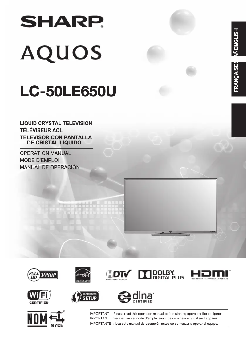Image de la première page du manuel de l'appareil Aquos LC-50LE650U