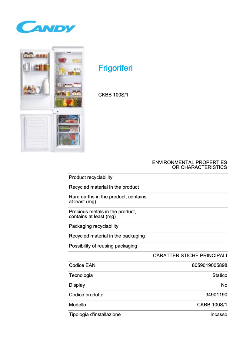 Page 1 de la notice Fiche technique Candy CKBB 100S/1